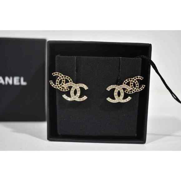 Chanel 22B Gold Black Crystal CC Double Logo Large Dangle Statement Stud Earring - Picture 7 of 12